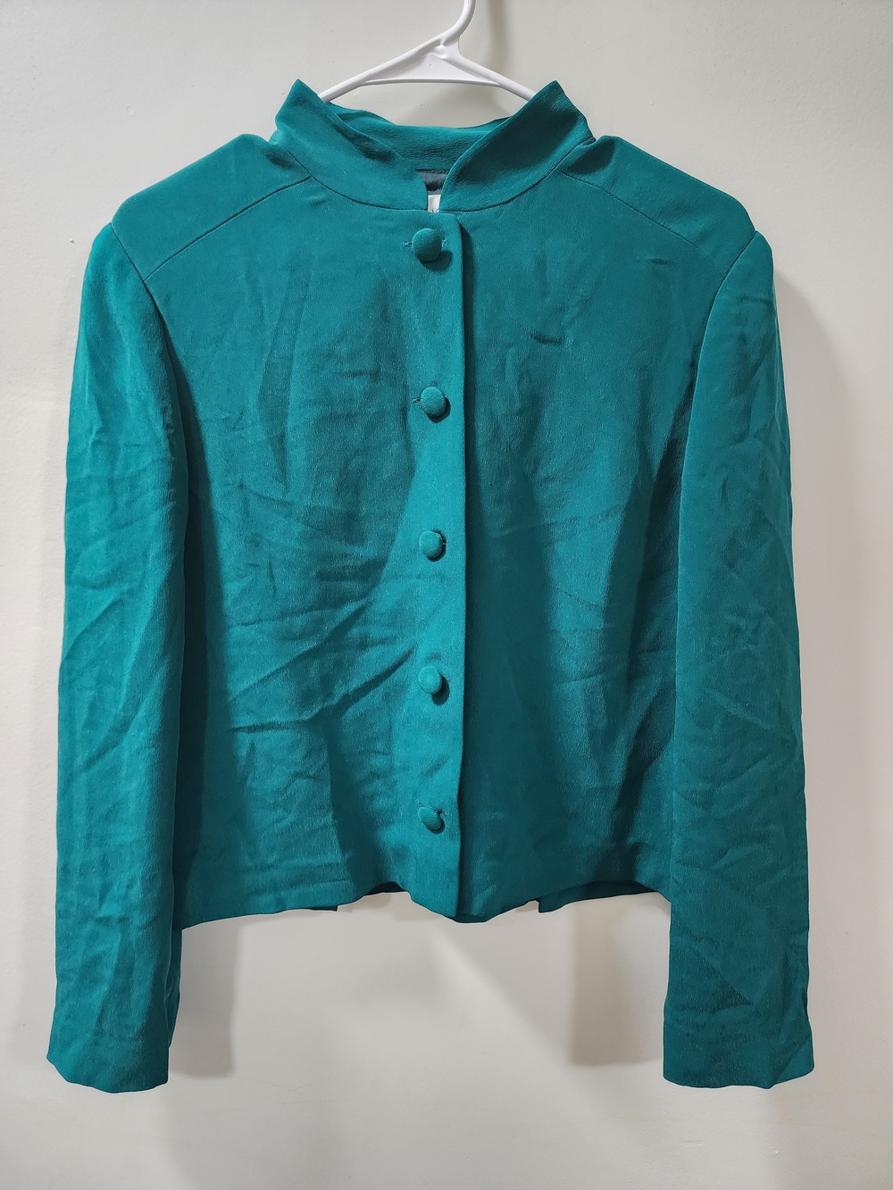 โMaggie London Teal Green 100% Silk Button Front Blazer Jacket Size 8